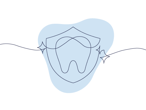 Line art of a tooth and shield with sparkles, set against a blue background, symbolizing dental protection and oral hygiene.