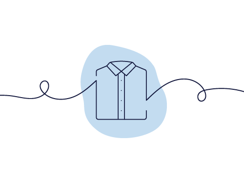 The image features a minimalist drawing of a shirt outlined by a continuous line, set against a blue background splash.