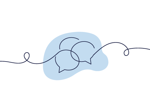 Two intertwined speech bubbles connected by a line on a blue background, symbolizing communication or conversation. Simplistic, abstract design.