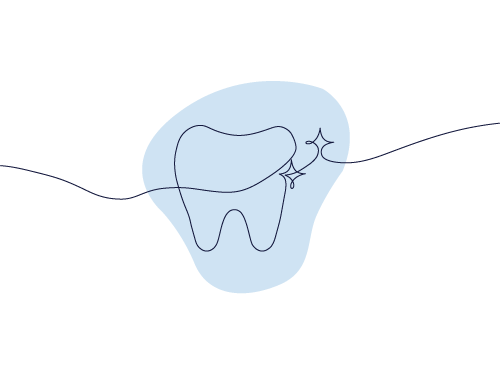 A simple illustration of a tooth with a sparkle, surrounded by a blue abstract shape, symbolizing cleanliness and dental care.