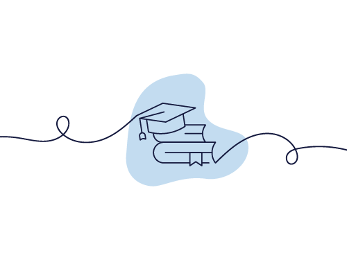 A simple line drawing shows a graduation cap and books, symbolizing education, set against a blue abstract background with a looping line.