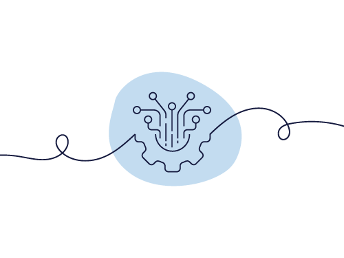 Abstract illustration of a blue gear with circuit lines inside, connected by a winding line, symbolizing technology and innovation.