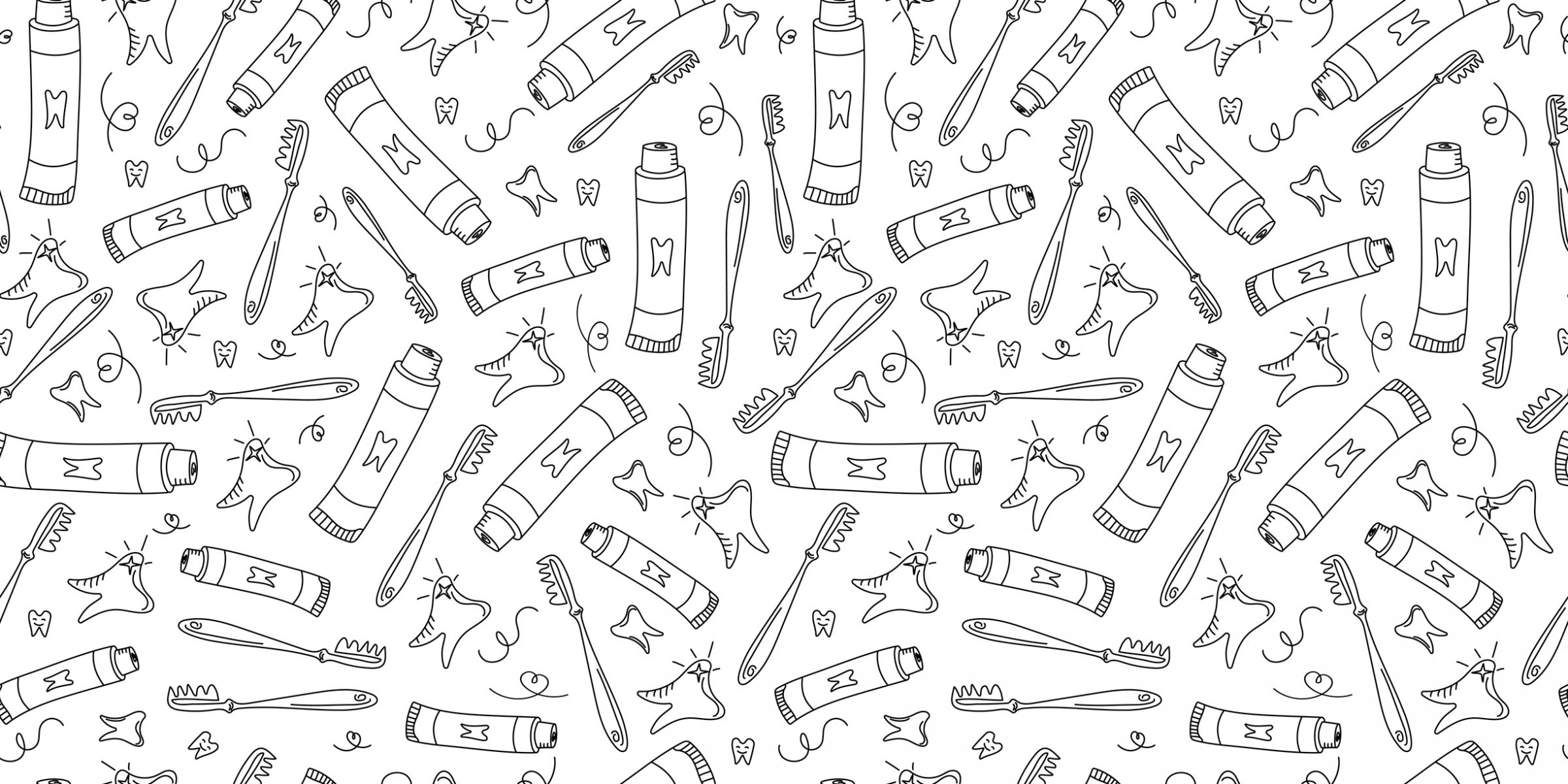 Black and white pattern with toothpaste, toothbrushes, and stylized teeth illustrations scattered randomly, creating a dental care-themed design.