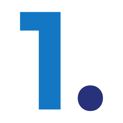 The image shows a large blue number "1" with a dark blue dot on a white background. There's no landmark or building.
