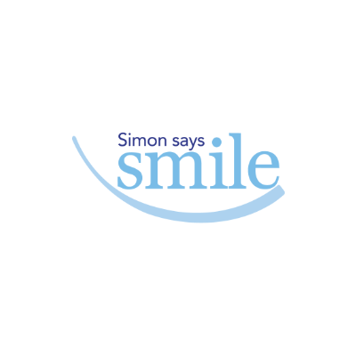 The image features the phrase "Simon says smile" in blue text with a stylized smile curve underneath, set against a white background.