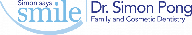 Logo for Dr. Simon Pong Family and Cosmetic Dentistry featuring a stylized smile and blue text on a transparent background.