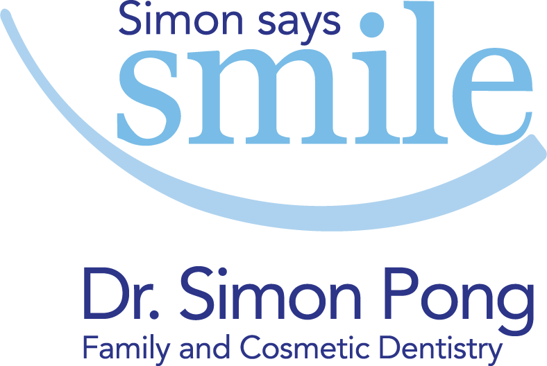 A logo for Dr. Simon Pong Family and Cosmetic Dentistry with the phrase "Simon says smile" and a stylized smiling curve.