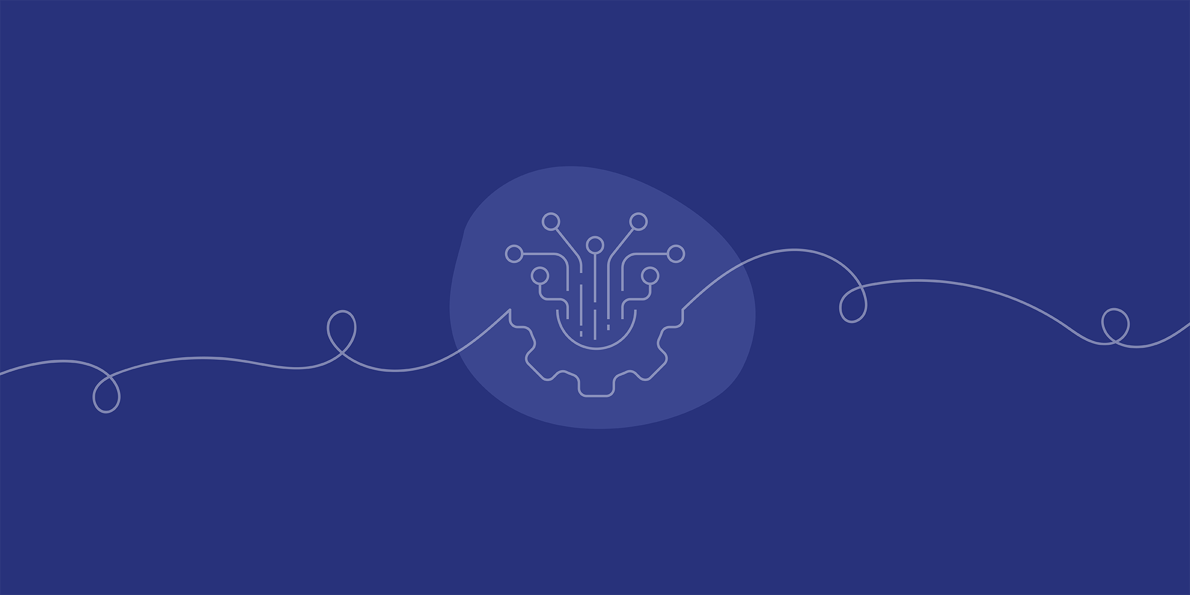 A sleek blue background features a circuit pattern resembling a brain and gear, symbolizing technology and innovation, with thin connected lines.